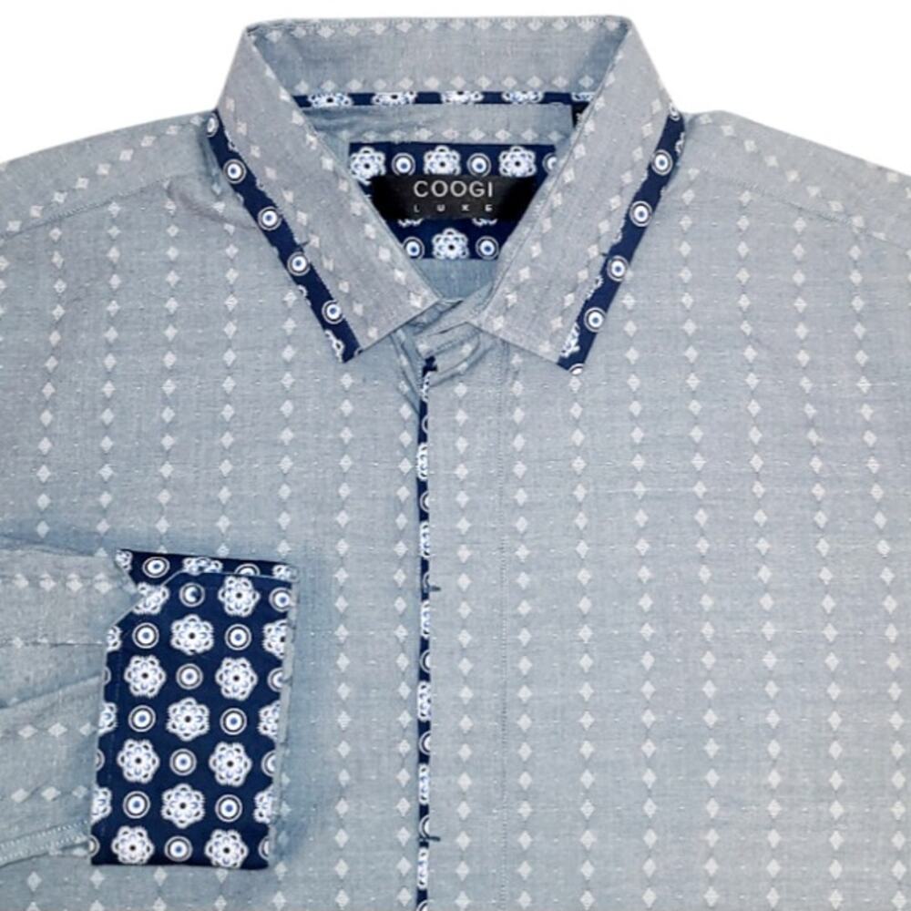 Coogi Mens Cotton Geometric Print Button Up Flip Cuff Shirt Mens 2XL Gray Blue